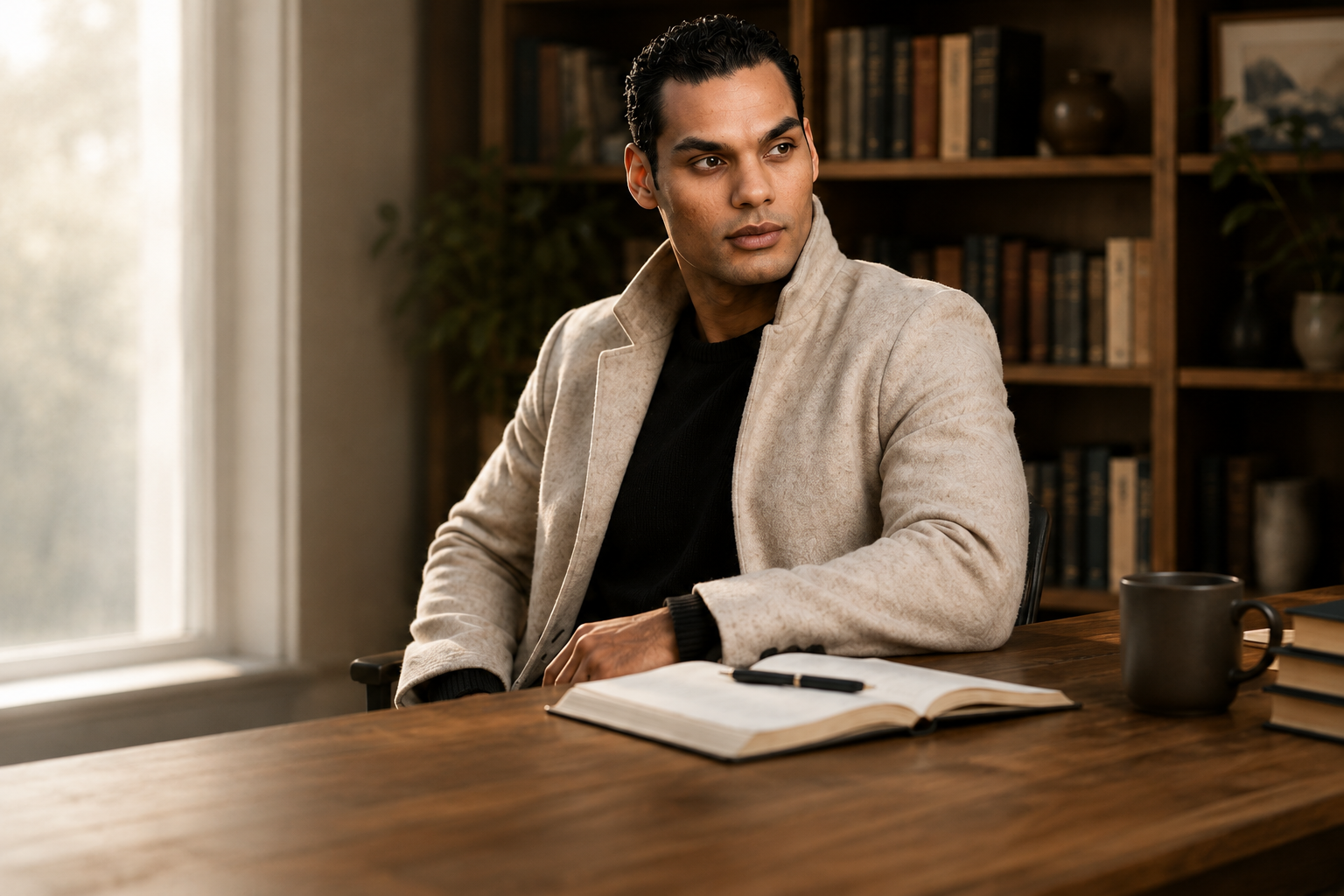 Dr. Samuel Hickson seated at a walnut desk in a warmly lit library
