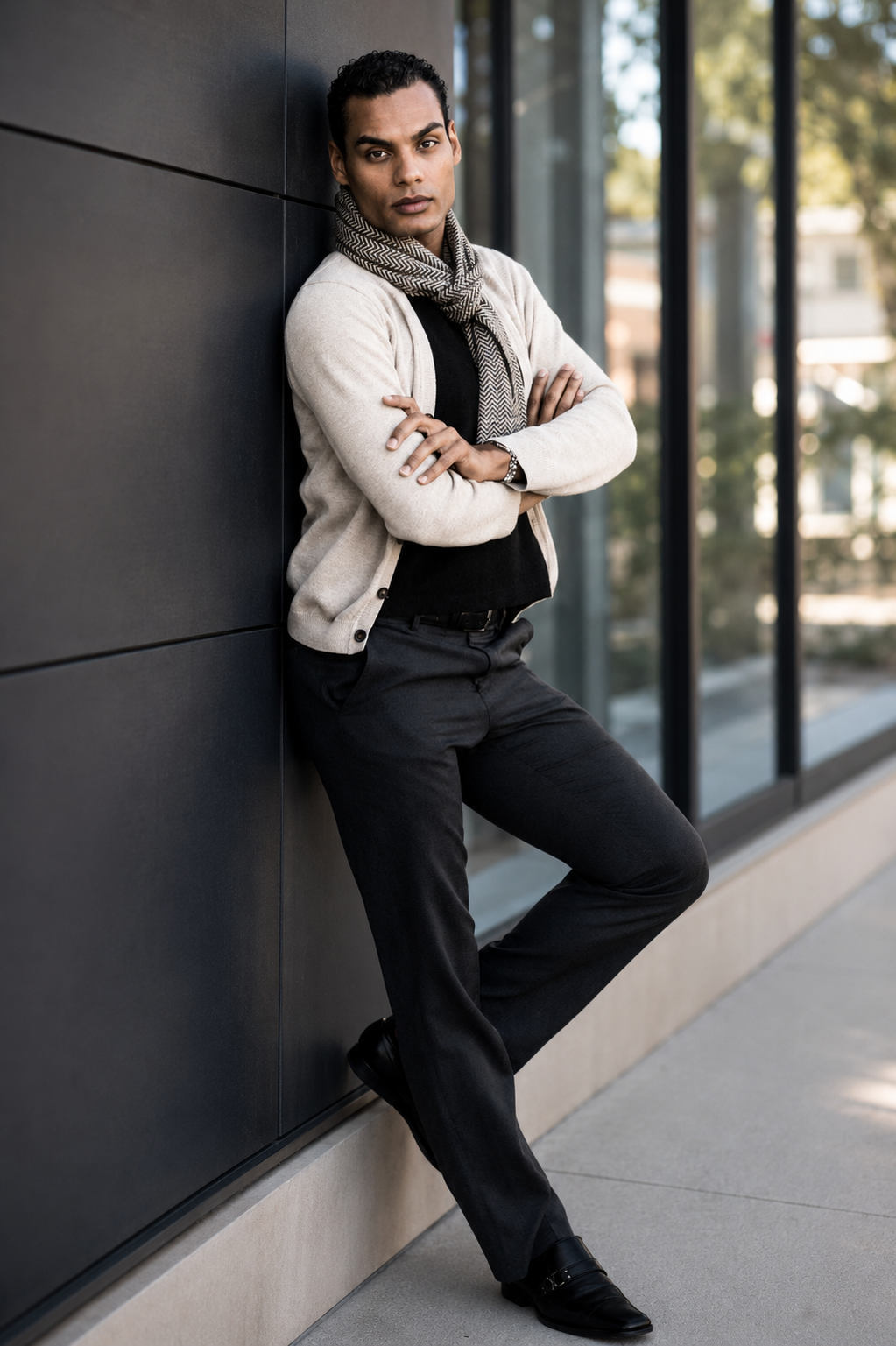 Dr. Samuel Hickson in a cream cardigan and herringbone scarf, leaning against a modern dark architectural wall
